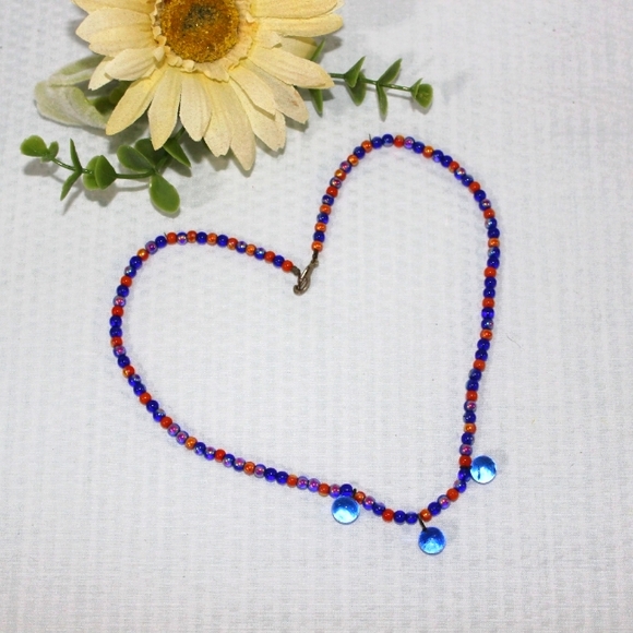 Handmade Women's Blue Orange Beaded Necklace Handcrafted - Picture 1 of 10